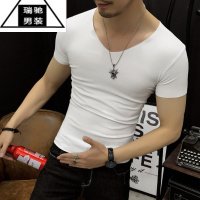 希杰狮王青年夏季肌肉男v领短袖t恤男修身半截袖打底衫纯色鸡心领体恤