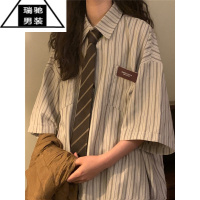 希杰狮王cityboy夏季美式复古港味日系短袖条纹衬衫男学生设计感小众衬衣