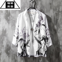 希杰狮王夏季七分袖花衬衫男短袖宽松古风长袖衬衣服外套男装大码胖子寸衫