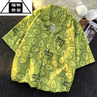 希杰狮王特大码300斤牛油果满印短袖衬衫男夏季宽松港风复古休闲痞帅衬衣2
