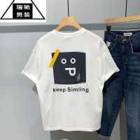 希杰狮王2023夏季新款潮牌印花后背趣味刺绣字母短袖T恤男宽松休闲t衫