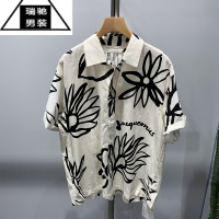 希杰狮王夏季新款制作小众雏菊印花衬衫男时尚潮流百搭个性宽松短袖衬衣潮