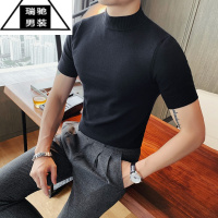 希杰狮王春季韩版修身男士半高领短袖T恤型男紧身弹力针织衫圆领打底线衫