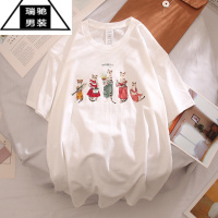 希杰狮王2023春夏卡通趣味潮牌插画猫咪短袖男女bf风大码