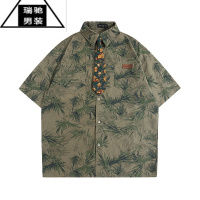 希杰狮王日系复古风碎花短袖衬衫男女古着港风chic小众设计感宽松领带衬衣