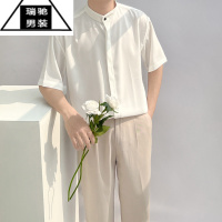 希杰狮王夏季免熨烫男短袖白色衬衫新中式立领高级垂坠感轻奢冰丝休闲宽松