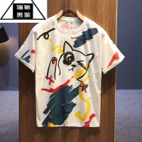 希杰狮王2023夏季潮牌卡通猫咪短袖T恤男日系复古个性印花破洞体恤半袖衫