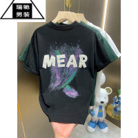 希杰狮王夏季男装彩色手绘字母印花圆领T恤潮牌时尚简约纯色流行短袖体恤