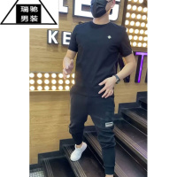 希杰狮王高端欧货男士字母压花冰丝T恤2023夏季新款时尚休闲圆领修身短袖