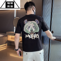 希杰狮王短袖t恤男夏季熊头刺绣印花时尚帅气男装2023新款体恤夏装半袖薄