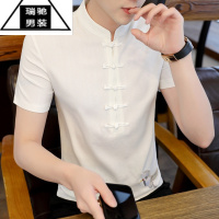 希杰狮王2023新款夏季棉麻短袖t恤男士立领中国风大码唐装盘扣上衣薄汉服