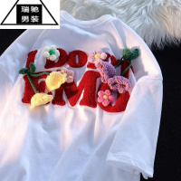 希杰狮王2-300斤大码美式立体花朵短袖男女甜美ins风百搭T恤港风情侣体恤