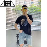 希杰狮王短袖男款港风潮牌星球印花T恤夏季美式宽松男士黑色体恤半袖