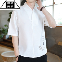 希杰狮王复古风男装中式棉麻衬衫宽松衬衣短袖t恤夏季亚麻刺绣中国风上衣