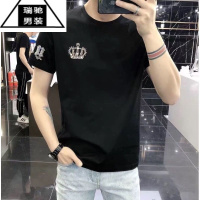 希杰狮王欧货潮牌2023皇冠烫钻丝光棉短袖T恤男高端圆领时尚百搭个性上衣