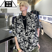 希杰狮王夏威夷冰丝花衬衫男短袖高级感泰式衬衣痞帅黑色外套夏季休闲潮牌