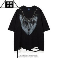 希杰狮王hiphop美式复古假两件破洞项链短袖T恤男潮牌oversize百搭ins体恤