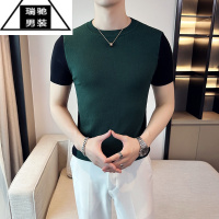 希杰狮王拼接短袖t恤男夏季2023新款高级感冰丝雅痞英伦风男装紧身打底衫