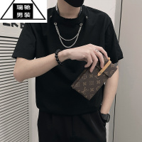 希杰狮王设计感项链T恤男潮牌纯色短袖夏季痞帅半袖2023新款男装体恤上衣