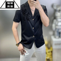 希杰狮王夏季新款高端男士时尚潮流休闲个性印花披肩龙图案短袖西装上衣男