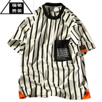 希杰狮王「棒球小子」夏季新款潮牌条纹短袖T恤男休闲宽松运动撞色套头衫
