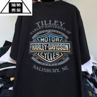 希杰狮王哈雷摩托重机车风复古vintage短袖街头摇滚嘻哈男女款T恤