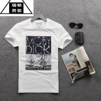 希杰狮王欧洲站夏季新款男装修身短袖T恤 个性男士贴布印花弹力氨纶半截袖