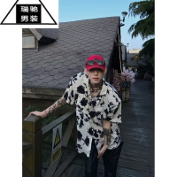 希杰狮王vintage古巴领花衬衫男短袖夏季潮牌痞帅夏威夷巴洛克衬衣七分袖