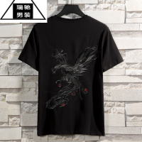 希杰狮王夏季刺绣T恤 男半袖宽松国潮牌薄款短袖凤凰绣花休闲圆领体恤