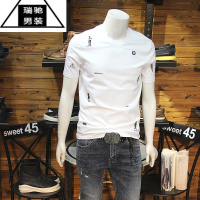 希杰狮王夏季丝光棉男T恤全身小人刺绣2023修身圆领弹力短袖青年帅气半袖