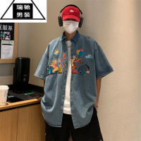 希杰狮王日系纯色原宿短袖衬衫男式夏季卡通刺绣图案衬衣复古百搭牛仔外套