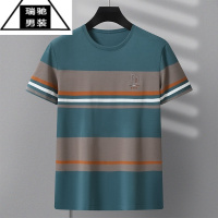 希杰狮王红色条纹短袖T恤男夏季商务撞色条纹无缝中年父亲本命年服