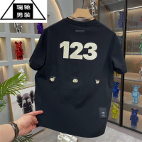 希杰狮王夏季小人头刺绣打底衫字母印花短袖男士新款圆领百搭透气网红半袖