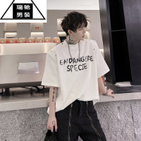 希杰狮王韩版小众大垫肩铆钉装饰字母印花短袖T恤男圆领夏季宽松休闲体恤
