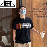 希杰狮王夏季时尚拼接印花男士短袖T恤美式痞帅设计感休闲牛津麻半袖体恤