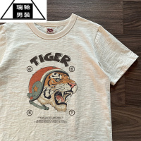 希杰狮王 夏季复古老粗布t恤男士老虎印花威震天下圆领休闲短袖