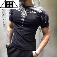 希杰狮王2023夏季新款欧美潮牌带钻翅膀短袖T恤男装印花羽毛修身半袖体恤