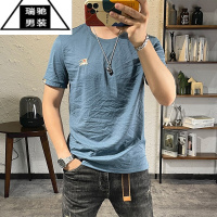 希杰狮王冰丝麻短袖t恤男夏季新款胸口刺绣烫钻青年修身圆领体恤轻薄亚麻T