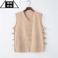 希杰狮王夏季薄款中国风男士亚麻宽松马甲加肥加大码复古棉麻背心坎肩汗衫