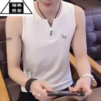 希杰狮王男士背心夏季青年宽肩男紧身无袖印花T恤运动打底衫V领钮扣