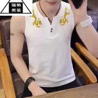 希杰狮王男士背心夏季青年宽肩男紧身无袖印花T恤运动打底衫V领钮扣