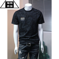 希杰狮王短袖t恤男夏季新款男士满身卡通印花刺绣修身半袖棉t汗衫上衣