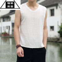 希杰狮王夏季大码棉麻无袖背心男中国风宽松透气无袖坎肩薄款亚麻汗衫马甲