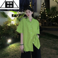 希杰狮王妈个鸡妈 ins嘻哈夏季潮流浮雕花纹宽松百搭慵懒休闲短袖衬衫男女