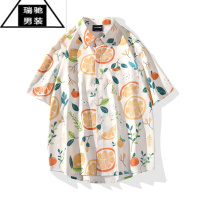 希杰狮王花衬衫男夏季宽松沙滩泰国七分袖衬衣冰丝设计感高级港风