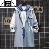 希杰狮王日系蓝色ins猫咪连帽外套男春秋季潮牌中长款过膝宽松卡通风衣