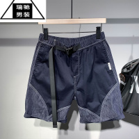 希杰狮王夏季新款撞色拼接牛仔宽松男士短裤卡扣腰带设计感运动休闲五分裤