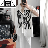 希杰狮王复得先生黑白涂鸦短袖衬衫男夏季设计感潮流宽松痞帅暗黑休闲衬衣