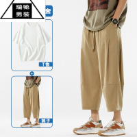 希杰狮王七分裤男夏季薄款冰丝裤子速干运动裤直筒宽松哈伦裤男士休闲马裤