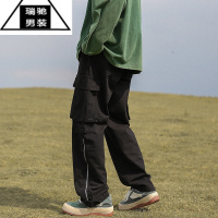 希杰狮王拉链机能风工装裤男潮牌ins宽松直筒裤春夏潮流杏色休闲裤子男款